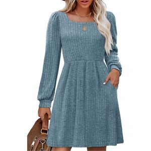 NEW Knit Dress Pockets Square Neck Long Sleeve Knee Length M